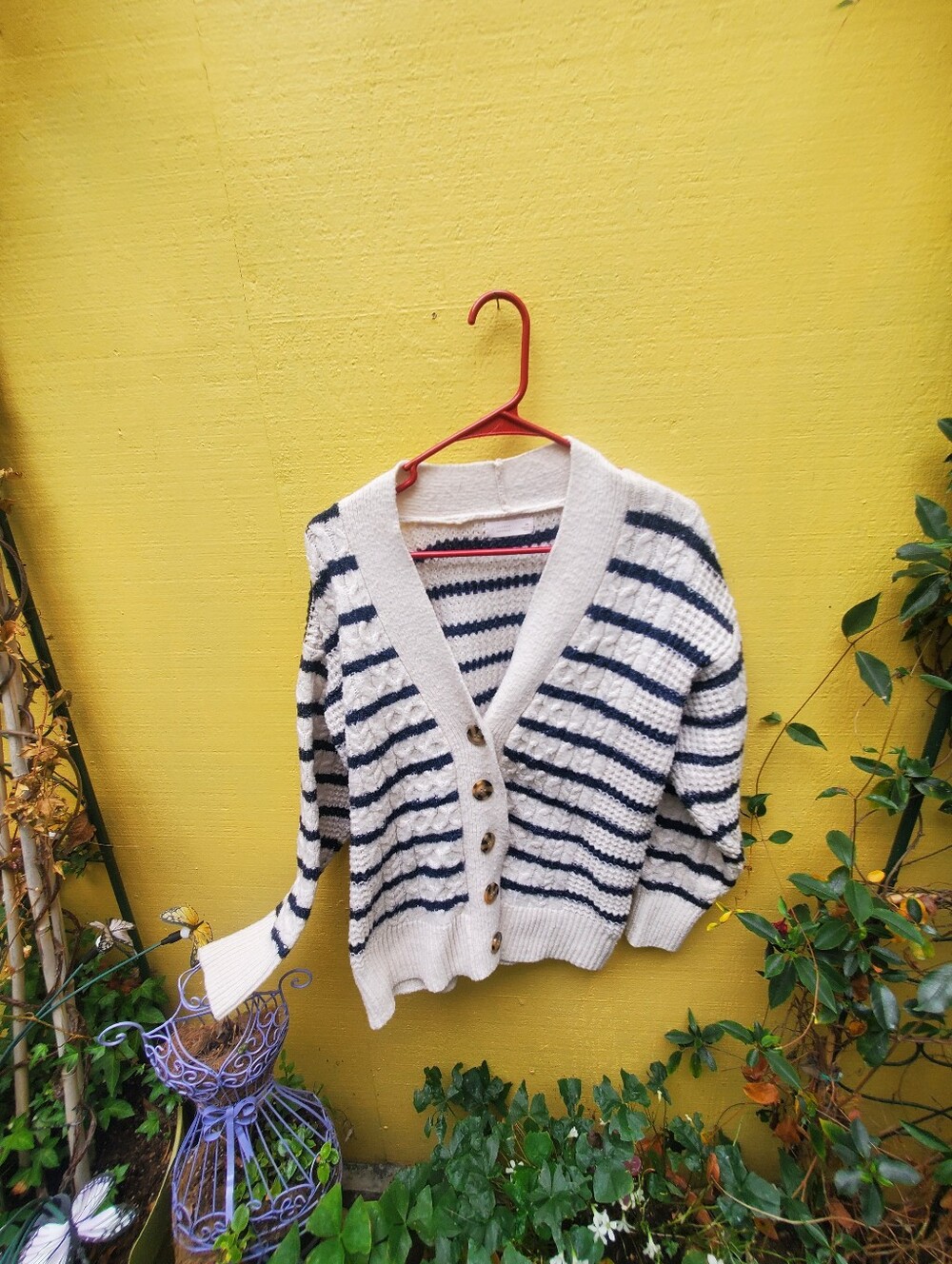 LC Lauren Conrad Cream & Navy Striped Button Front Cardigan